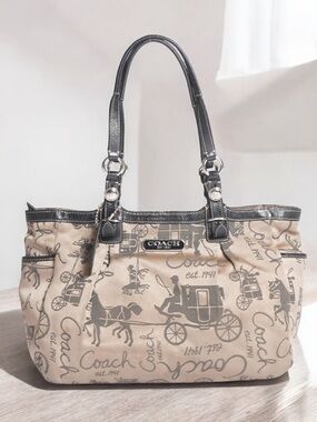 Coach Horse and Carriage Beige and Brown Signature Print Shoulder Bag